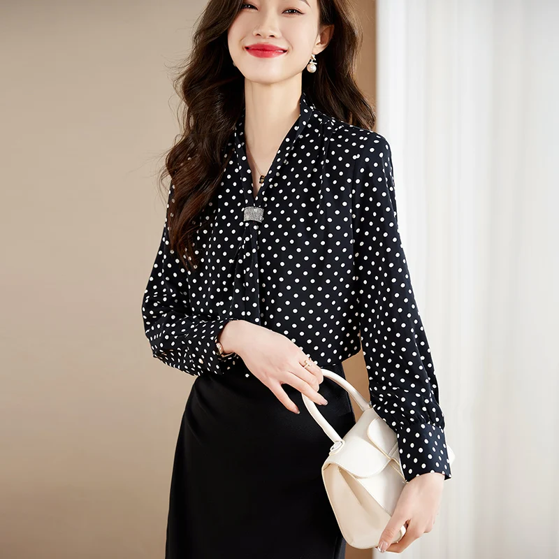 NAVIU Black Dot V Neck Shirt Women Spring New Fashion Temperament Chiffon Design Bow Formal Blouses Office Ladies Work Tops