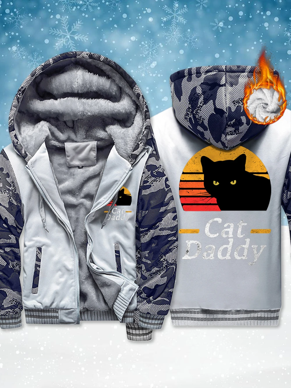

Cat Daddy Cartoons Prints Men'S Zipper Outerwear Winter Thermal Thicken Coats Fleece Warm Windproof Jackets Casual Men Clothes