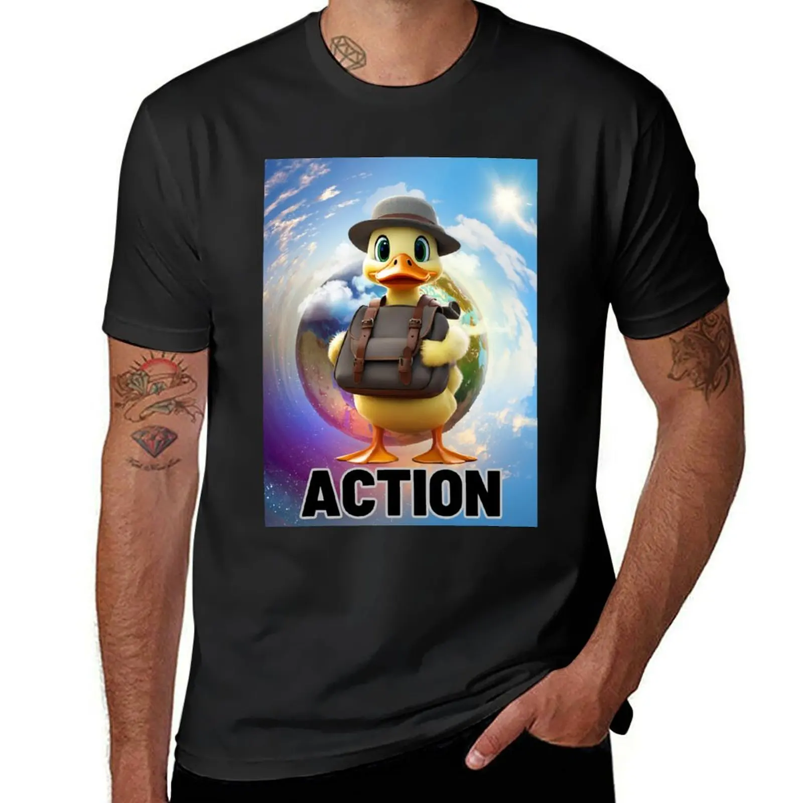 

Cute Duck with travel Bag traveling world background with Action T-Shirt plain tees summer clothes heavyweight t shirts for men