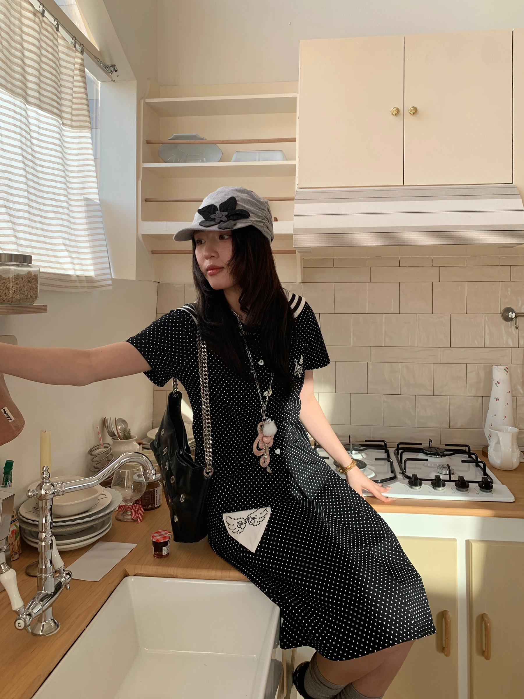 

Muziyang Original Retro Polka Dot Letter Embroidery Short Sleeve Navy Collar Shirt Y2K Top Women's Cotton Cleanfit Loose Fit