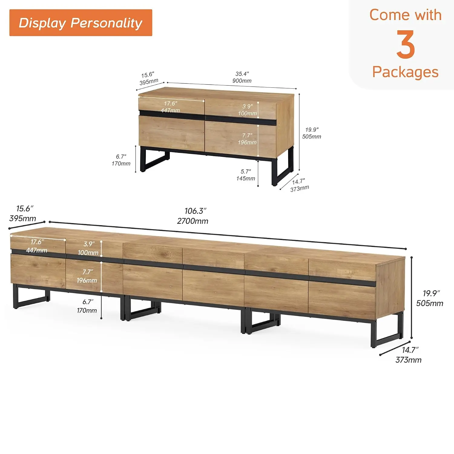 Modern TV Stand for 32-110 Inch TVs, Wood Entertainment Center with Metal Base Storage Cabinets, Media TV Console, Customized