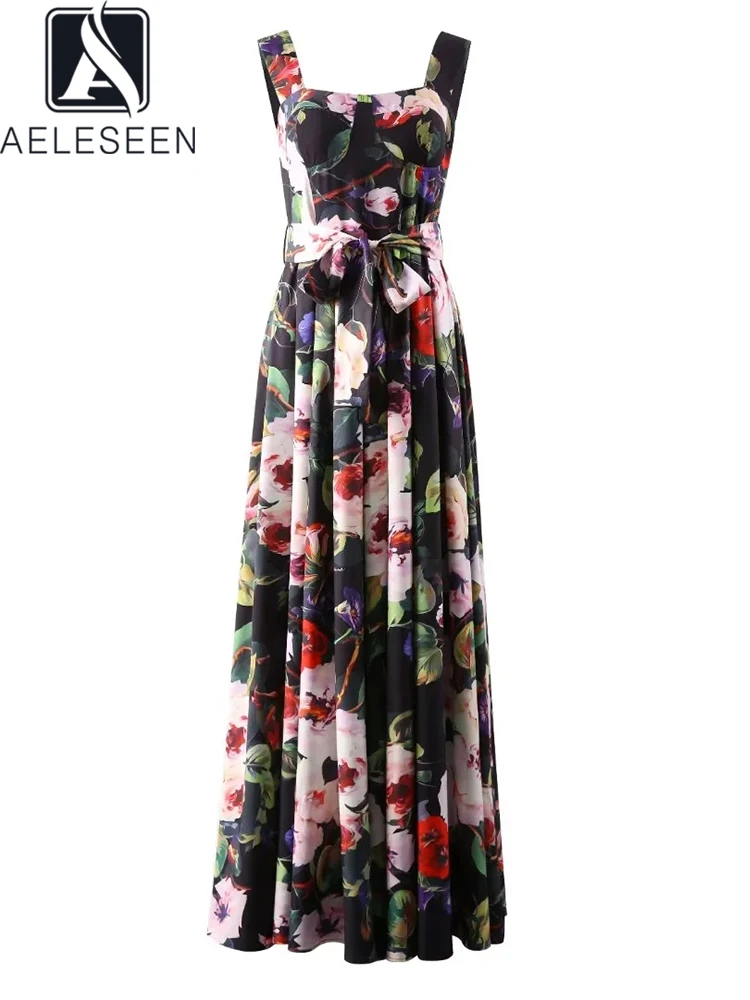 

AELESEEN Designer Fashion Sicilian Dress Women Spaghetti Strap High Quality Flower Print Belt Elegant Maxi Long Party Holiday