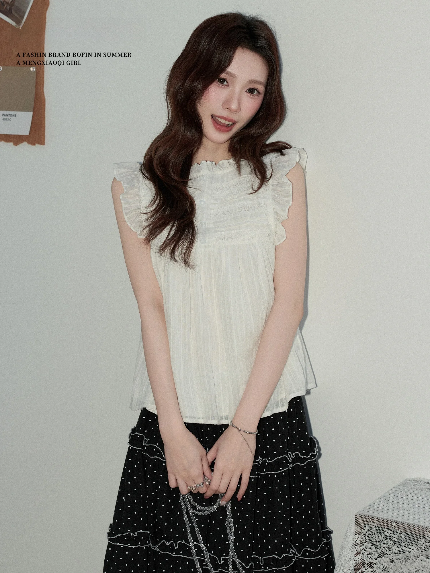 

Meng Xiaoqi Design Sensation Pleated Shirt Women's Spring Summer White Waist-Cinching Slimming Gentle Style Sleeveless Top
