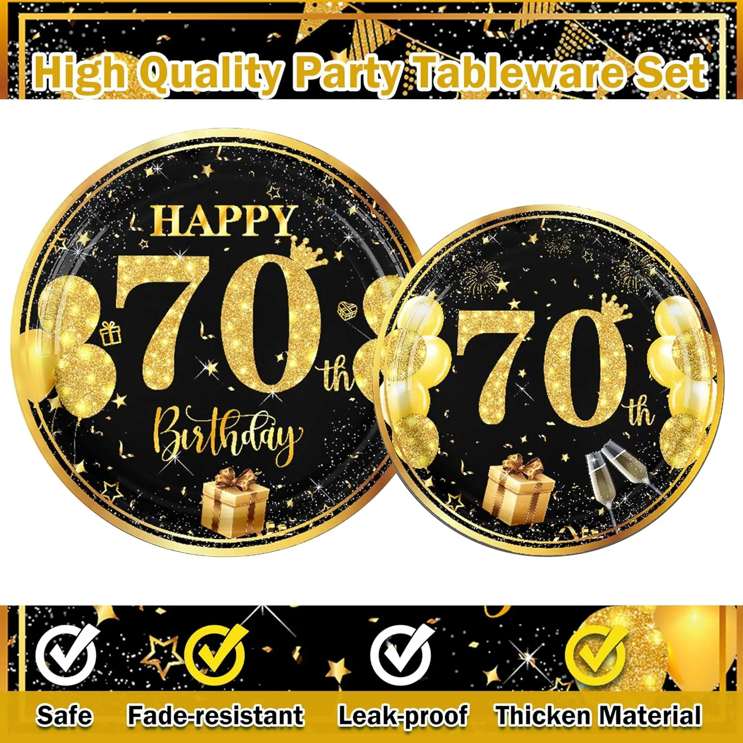 70th birthday decorations for men women black gold Birthday supplies Plates and Napkins, Cups, tablecloth, Disposable Tableware