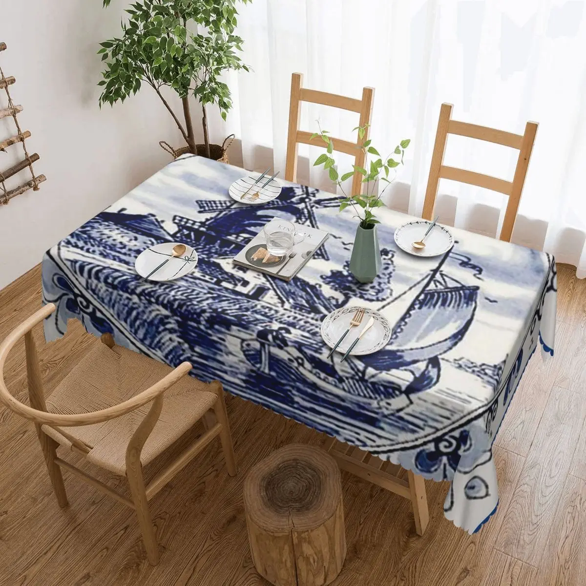 DUTCH BLUE DELFT Vintage Windmill Customized Rectangular Tablecloth Waterproof Table Cover for Dining Events Table Cloth