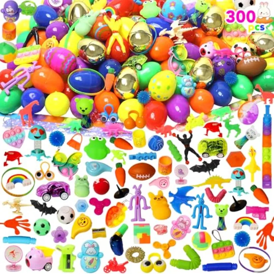 

300 Pcs Prefilled Easter Eggs with Toys Inside for Easter Basket Stuffers Non-Candy Surprise Easter Egg Fillers Bulk Easter Toy