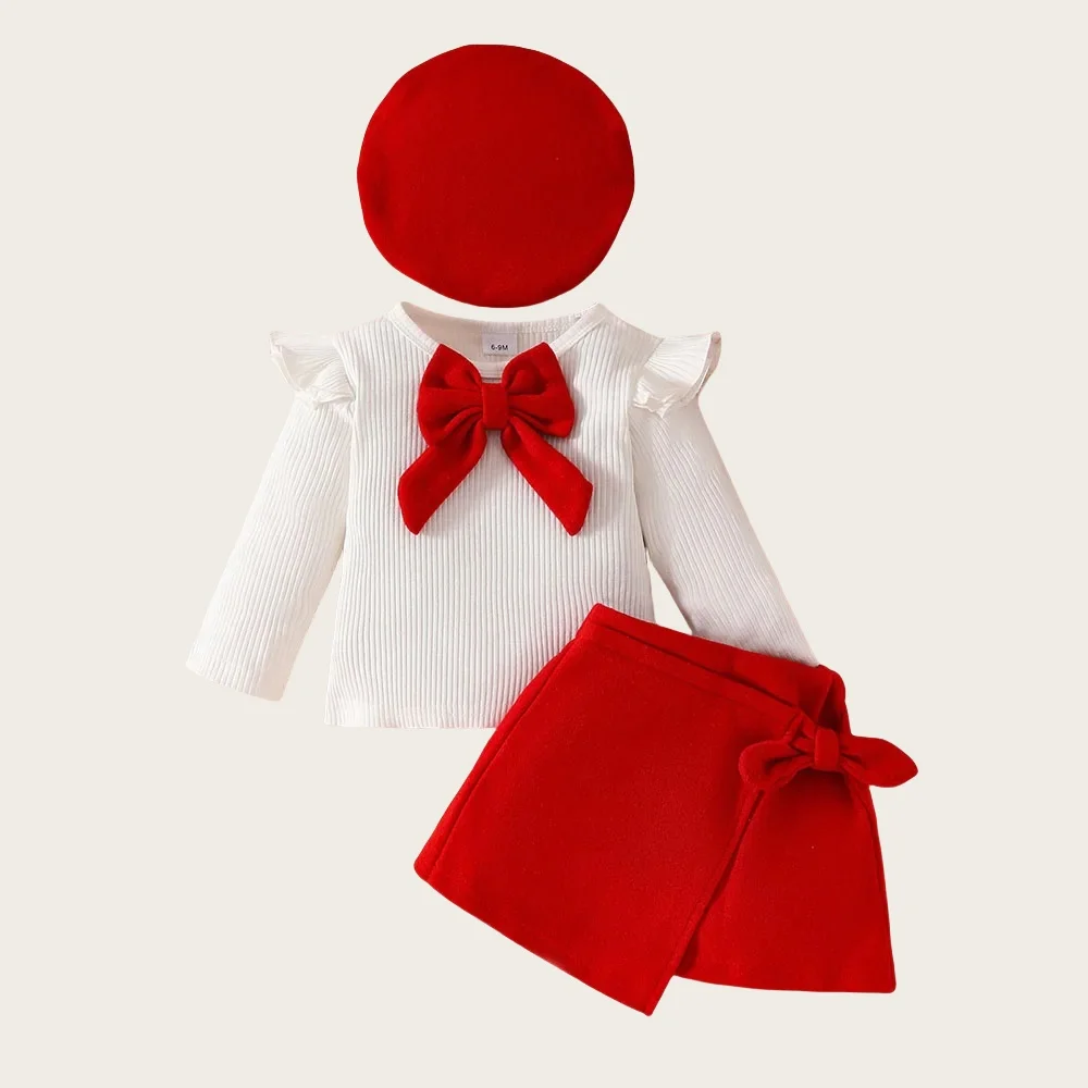 3pcs Princess Girls Christmas Clothes Suits Red Bow Tops Blouse and Fleece Skirt with Beret Set for children Girls New Year Suit