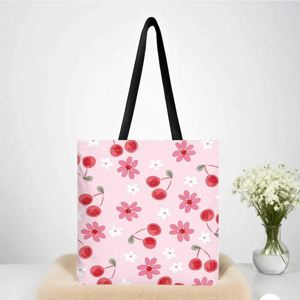 

Pink Cherry Daisy Large Capacity Canvas Shoulder Bag Dual Side Print Black Tote Bag Daily Shopping Bag Fashion Gift Handbag