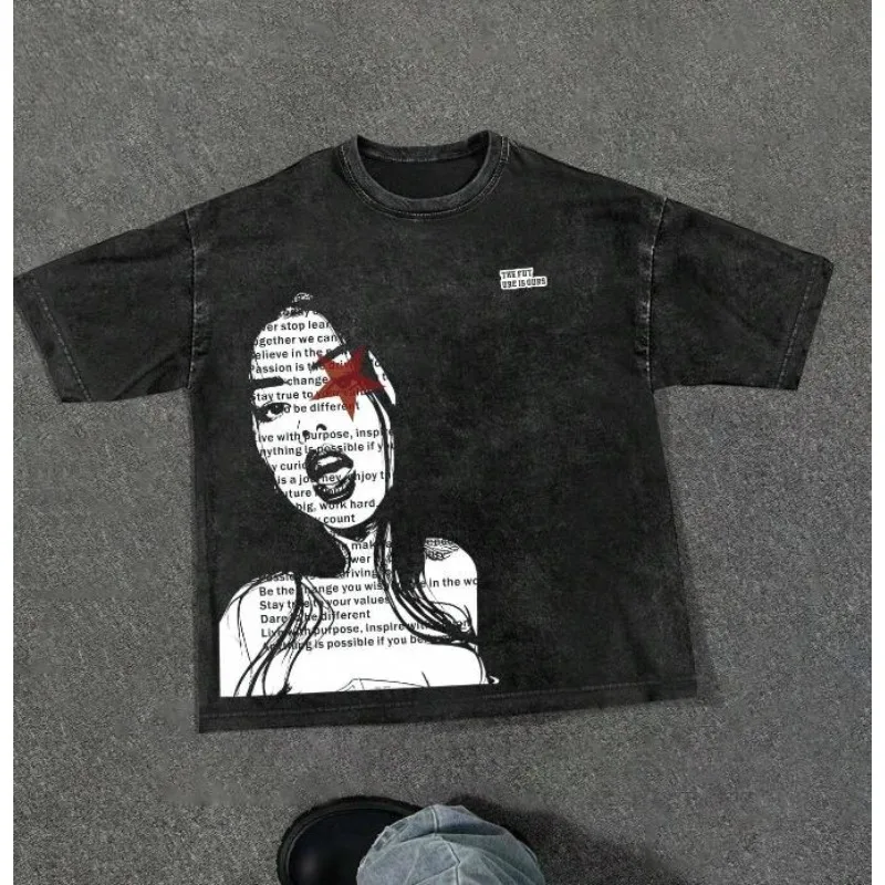 

Vintage Y2K-Style Retro Portrait Cotton Washed T-Shirts Oversized Harajuku Hip Hop Unisex Men's Tops Tees Streetwear Gothic Punk