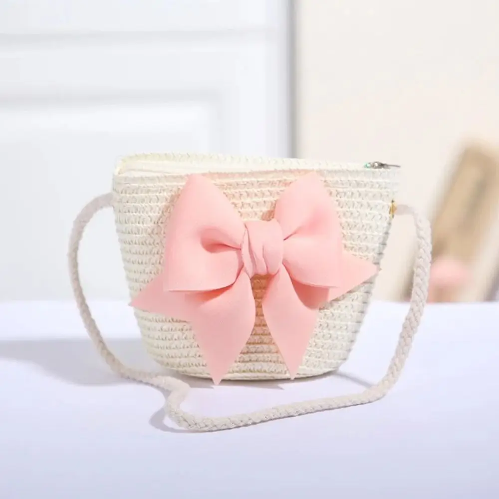 Summer Handmade Woven Girl Straw Bag Cute Solid Color Pink Bow Kid Messenger Bags Photo Props Coin Purse Storage Basket