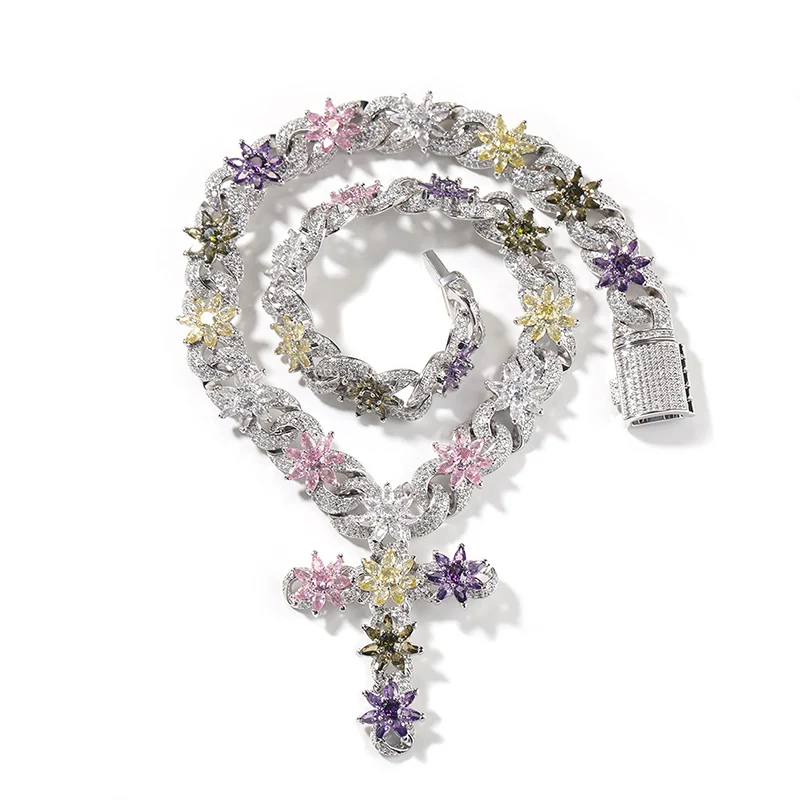 

Хип-хоп 5A+ CZ Stone Paved Bling Iced Out Snowflake Shape Link Chain Крест Подвеска Ожерелье для Мужчин Женщин Унисекс Рэпер Ювелирные Изделия