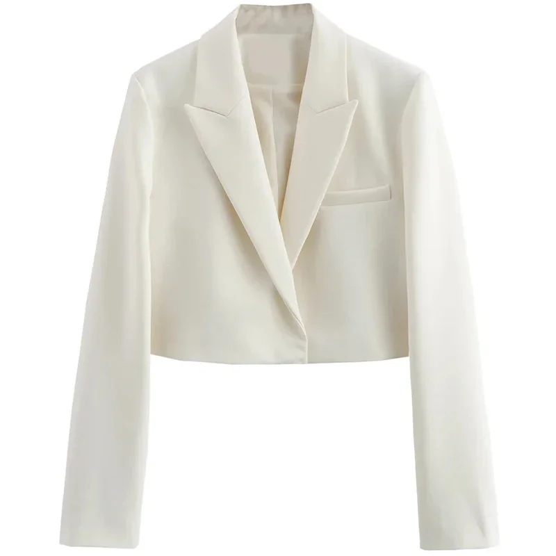 TRAF Women's Blazer Tailoring Spring Summer 2024 Cropped White Blazers V-Neck Long Sleeves Top Fashion Office Wear Professional