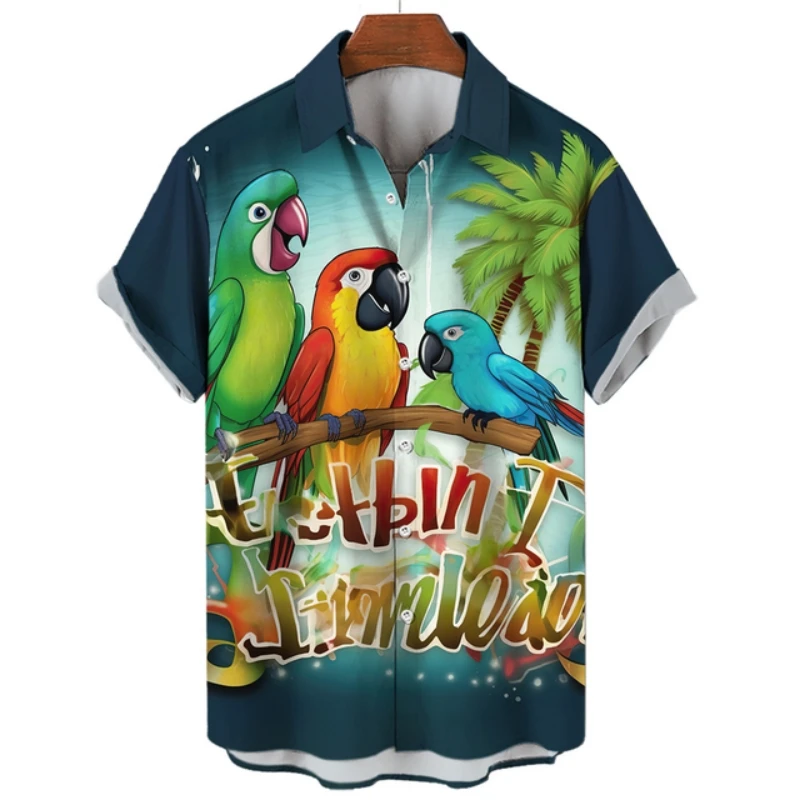 2024 Hawaiian Parrot Coconut Men\'s Shirts Retro Oversized Fashion Car Casual Floral Short Sleeves Tree Clothing Loose Summer