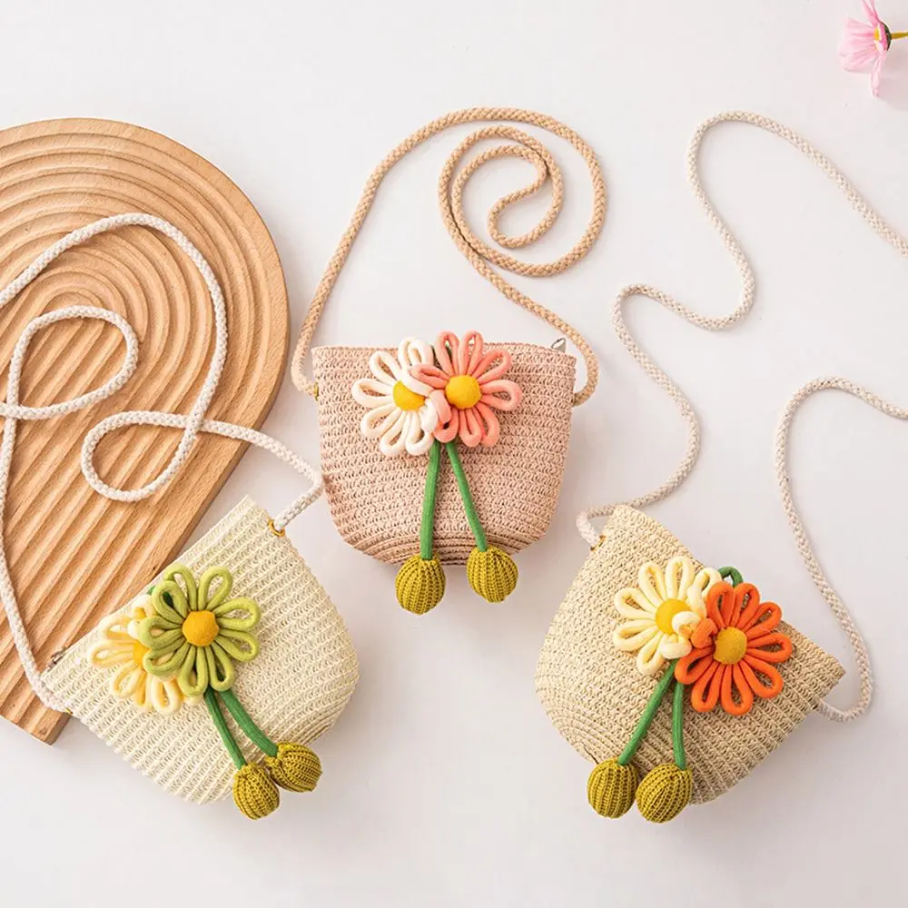 

Sweet Straw Woven Children's Messenger Bag Zipper Lightweight Beach Bags Kids Shoulder Bag