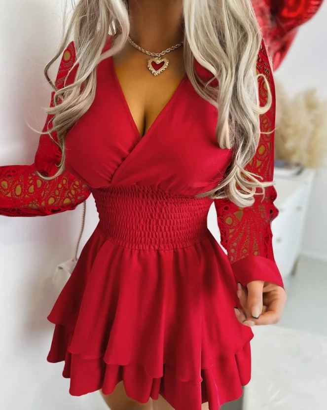 

Female Clothing Dresses for Women 2024 Spring New Fashion Sexy Casual Solid Eyelet Embroidery Shirred Ruffles Casual Mini Dress