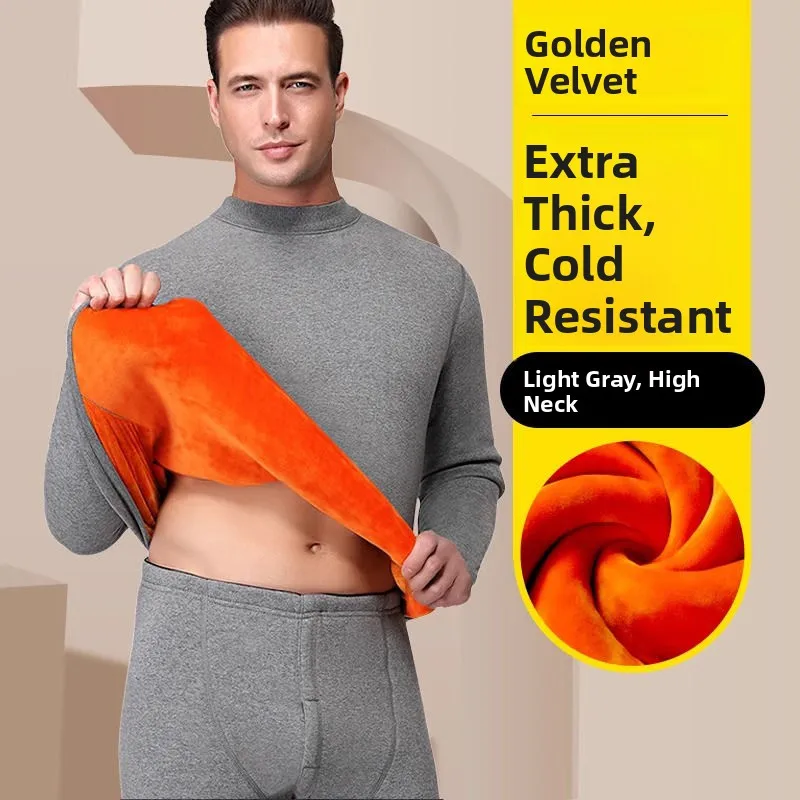 

Thiened Fce Warm Underwear Set Pure Cotton f High Collar Men's Long Sve Long Pants Home Clothes Autumn Clothes
