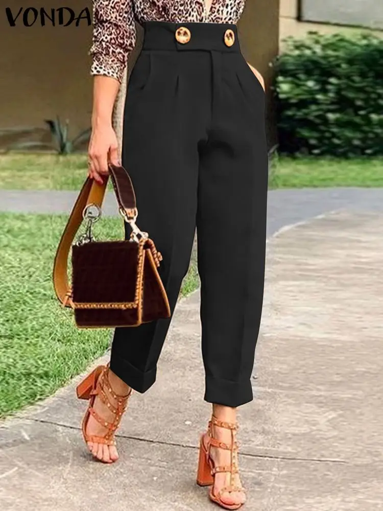 

VONDA Elegant Summer Pleated Pants Women High Waist Long Trousers 2024 Office Buttons Solid Color Casual Loose Trousers Oversize