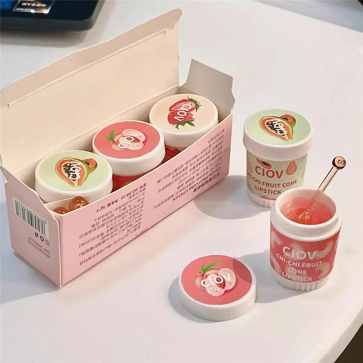 Cute Strawberry Ice Cream Lip Balm Lipstick Base Moisturize Lip Care Reduce Lip Lines Lip Mask Anti-Cracking Rare Beauty Makeup