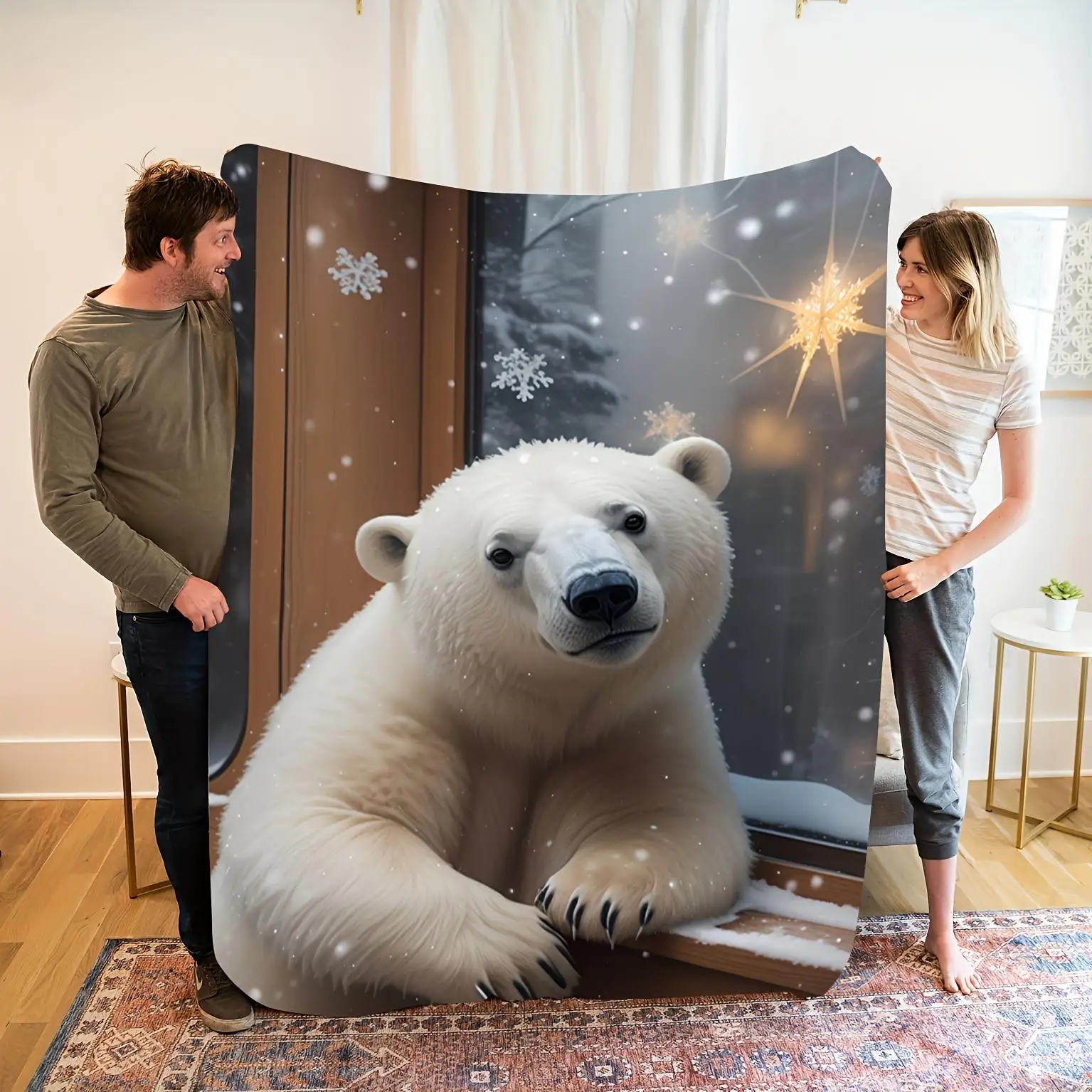 

1pc Polar bear and snowflake print blanket, polyester fabric, machine washable, suitable for bedroom and living room decoration