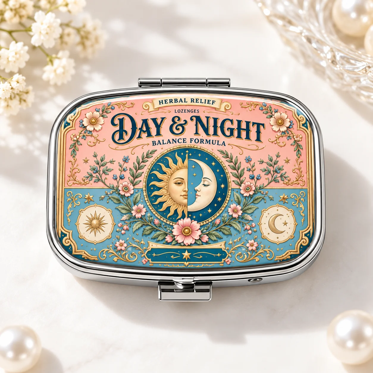Celestial Sun Moon Small Pill Case Metal Pill Container for Purse Pill Box for Purse Portable 2 Compartment Travel Organizer
