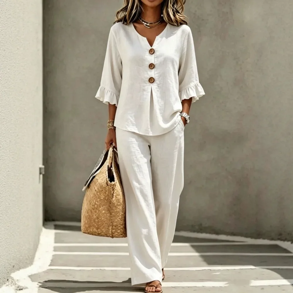 Women Casual V Neck Button Short Sleeve Ruffle Top And Wide Leg Pants 2 Piece Set Loose Fit Solid Color Soft Breathable
