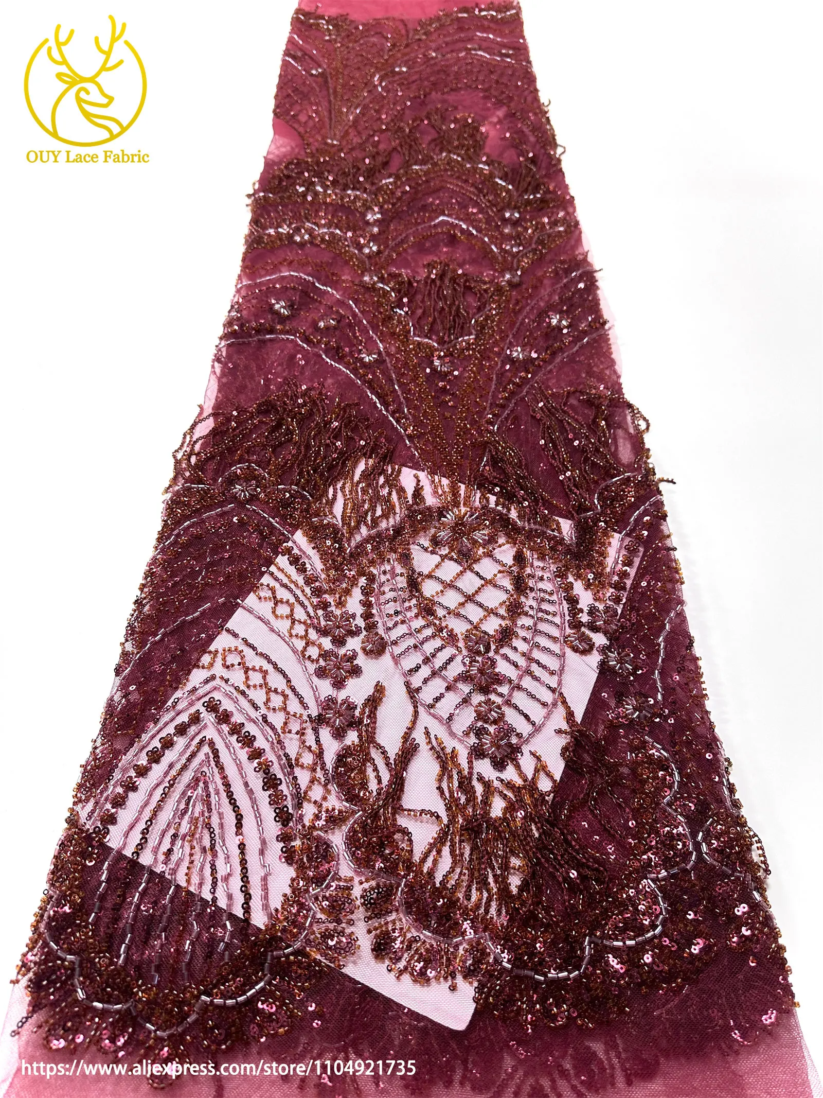 3D Luxuriöser Afrikanischer Handgefertigter Perlen-Spitzenstoff 2026 Französischer Nigerianischer Pailletten-Spitzenstoff für Brautkleider und Hochzeitskleider – Detail 6