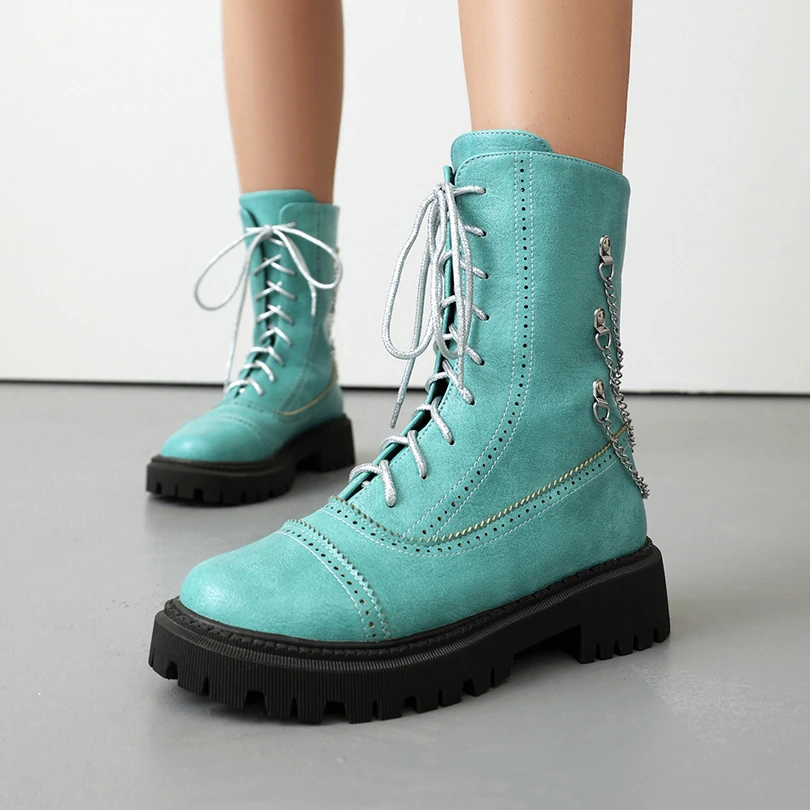 

Женские короткие сапоги в стиле панк с металлической цепочкой и шнуровкой на плоской подошве, ботинки для увеличения высоты на толстой подошве на платформе