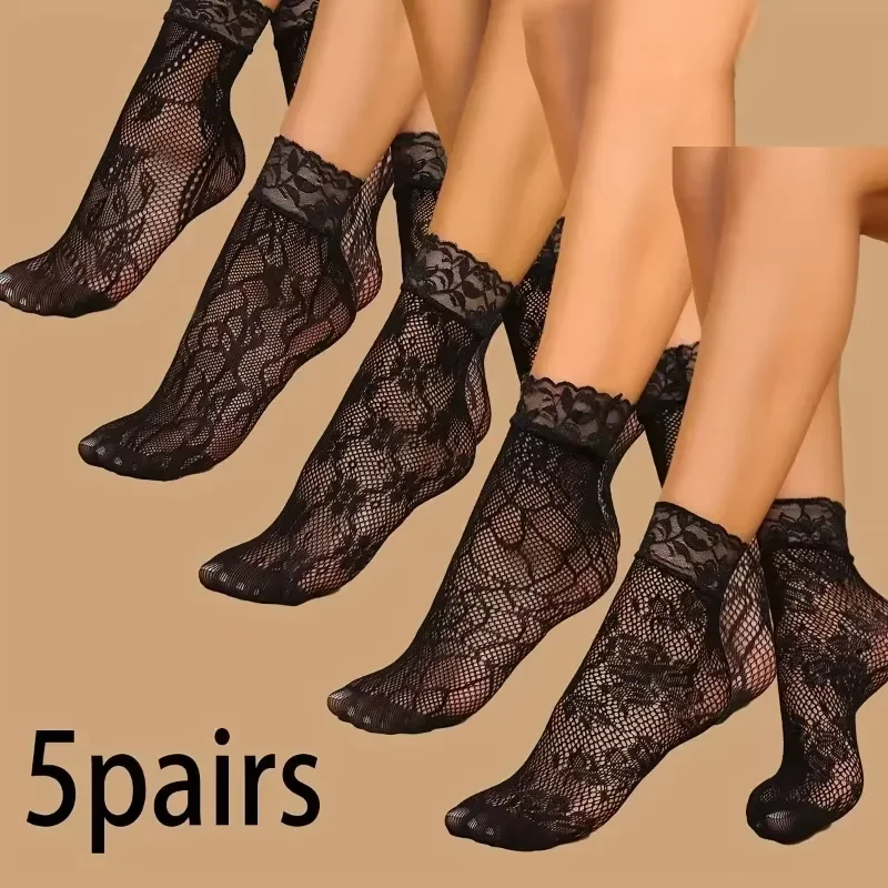 

5 пар кружевных носков с цветочным принтом, тонкие дышащие короткие носки, летние сетчатые рыболовные сети в стиле Лолиты, женские чулки, чулочно-носочные изделия