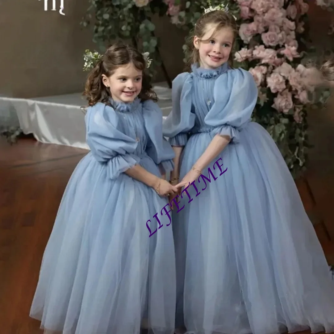 Vestido personalizado de niña de flores gris y azul para boda, cuello alto, mangas 3/4, tul hinchado, fiesta de cumpleaños para niños, Pag de primera comunión para bebé