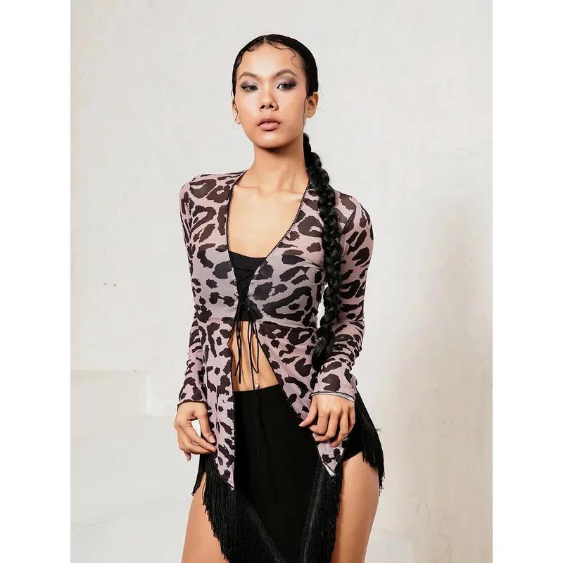 Women Latin Dance Body Sexy Mesh Top Leopard Bodysuit Ballroom Latin Dancing Leotard Training  Wear Rumba Chacha  Practice Dress