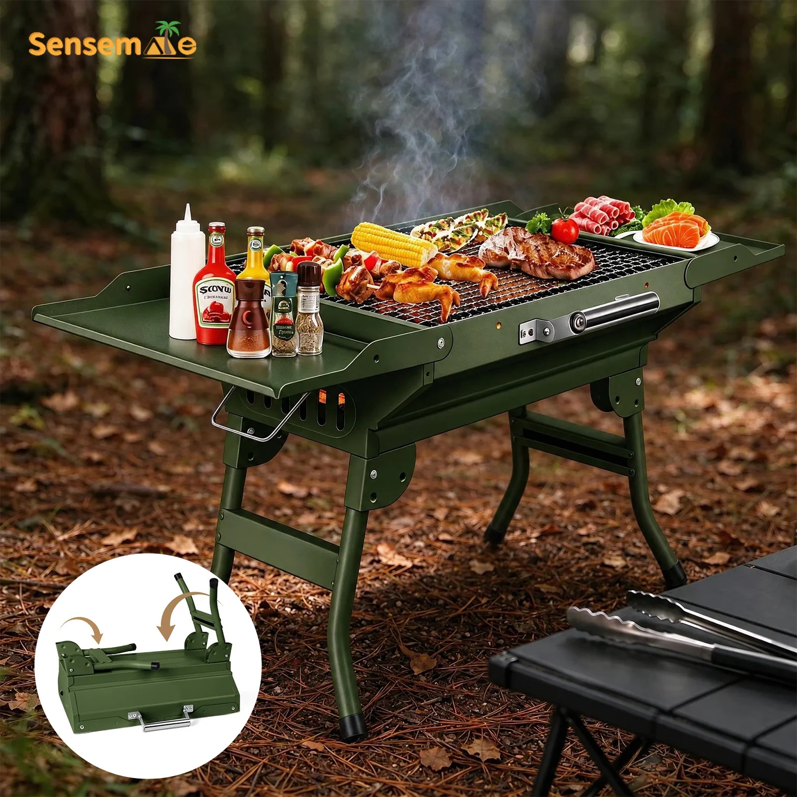 Portable Folding BBQ Grill Green Mini Suitcase Charcoal Grill with Carry Handle Side Shelf Wire Mesh for Camping Picnic Beach RV