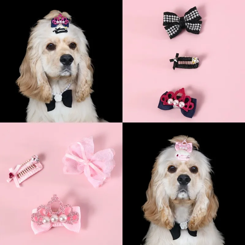 

Pet Hair Clips, Long-haired Cats and Dogs, Pearl Crowns, Bows, Rhinestones, BB Clips, Birthday Barbie Princess Headwear
