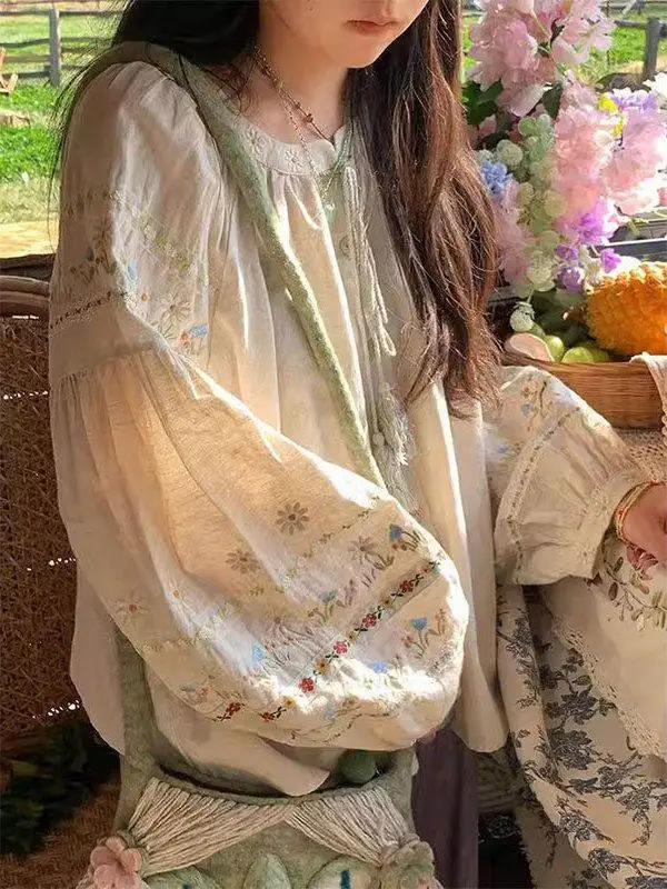 Loose Fit Linen Lantern Sleeve Shirt Women's Spring Autumn Casual Style Doll Shirt plus Size Comfortable Gentle Ethnic Wind