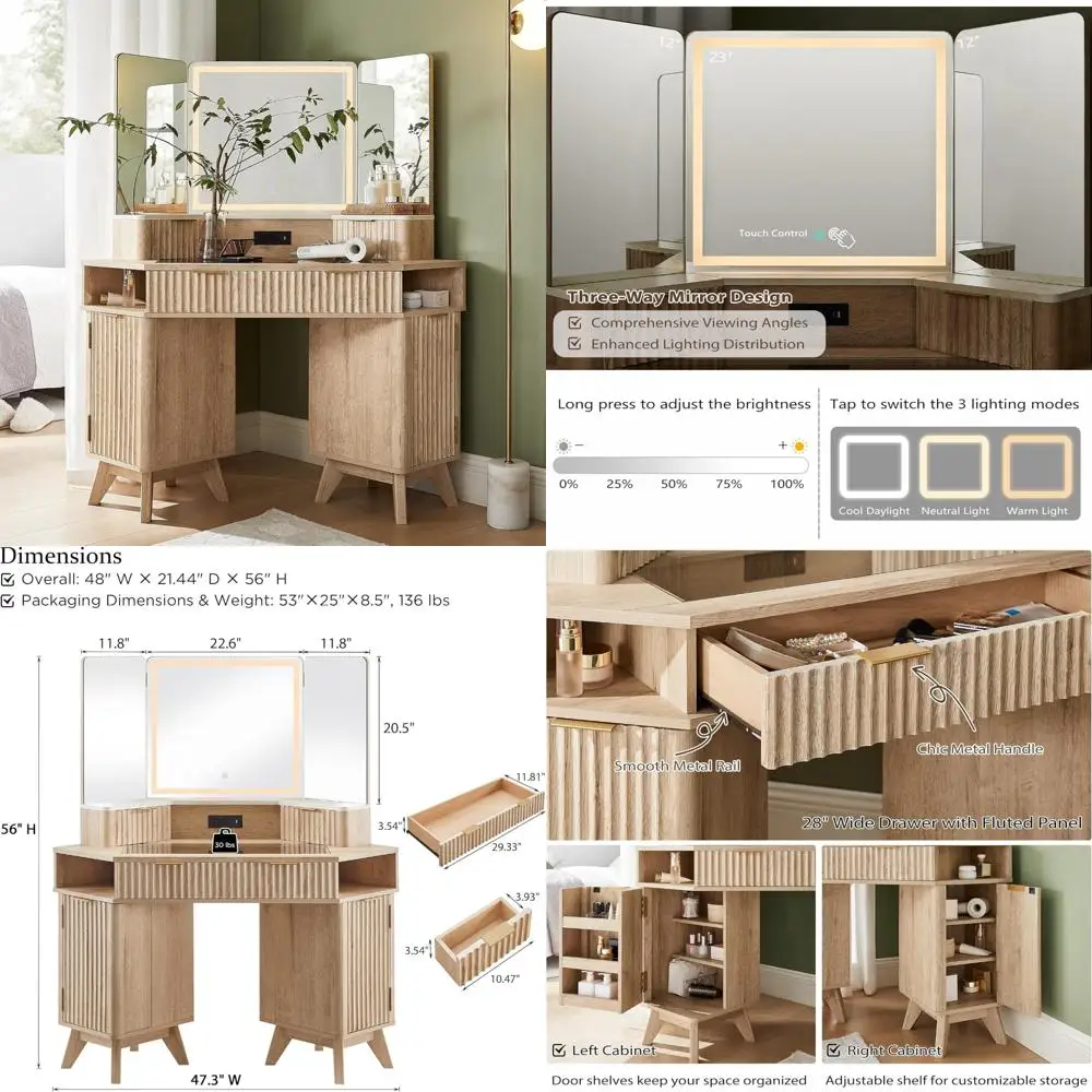 Large Corner Vanity Desk with Fluted Design, 3-Way Mirror, Lights, Glass Top, and Charging Station