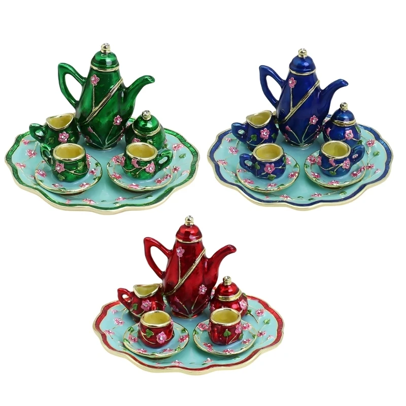 Home Display Mini-Teeservice-Akzent mit kunstvollen floralen Emaille-Details, kleine Teekannen-Ornament-Schmuckkästchen – Detail 1