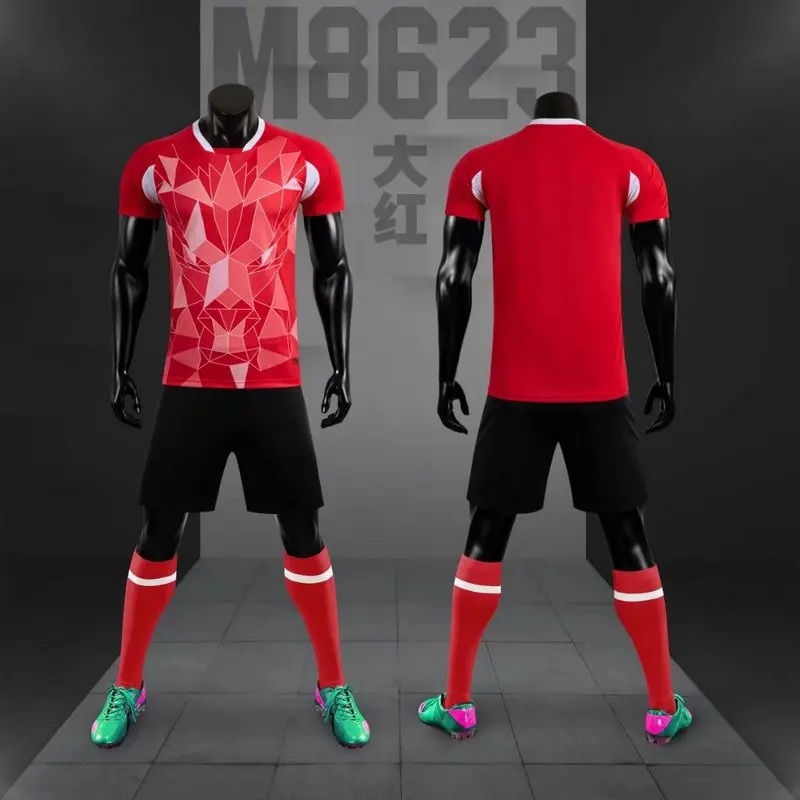 Summer brand football wear blue red white jersey custom short-sleeved T-shirt shorts set  8623