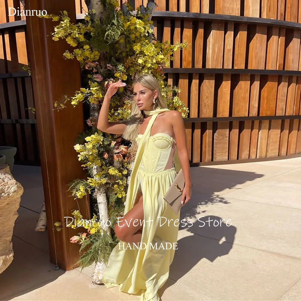 

Dianruo High Slit Pleated Sweetheart Evening Dress A Line Chiffon Dresses For Women Yellow Ribbons Prom Gowns 2025 Customized