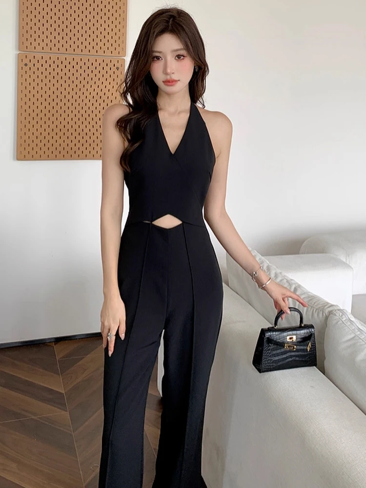 

Summer Elegant Black V-Neck One Piece Long Jumpsuits Women Clothes Chic Hollow Sexy Halter Backless Femme Wide Leg Loose Rompers
