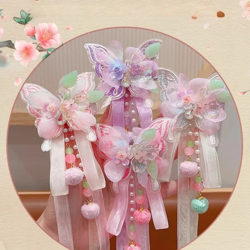 

Butterfly Step Shake Hair Clips with Long Ribbon Tassels Vintage Floral Hanfu Accessory for Women