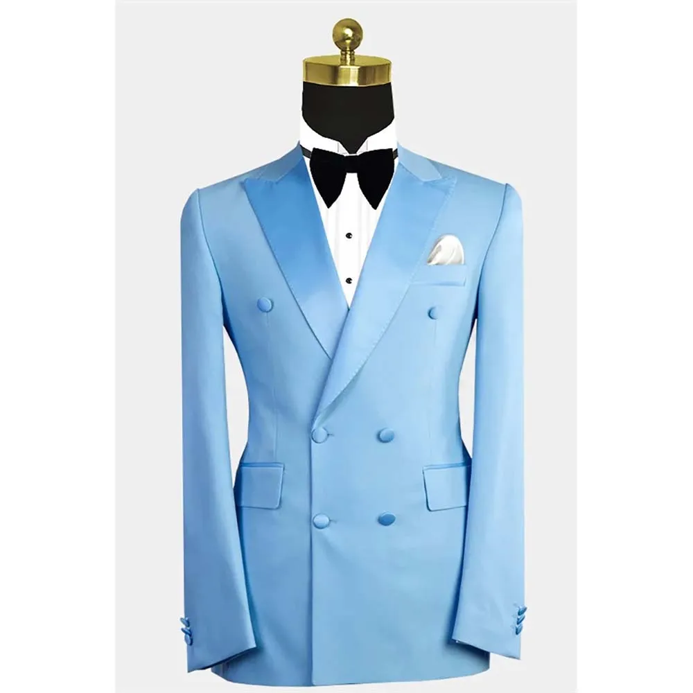 Formal Blue Luxury Men Suits Double Breasted Peak Lapel Blazer Wedding Prom Party Tailor 2 Piece Jacket Pants Set Outfits Terno