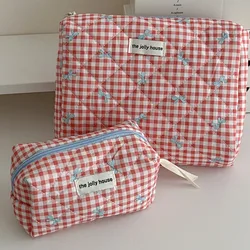 Borsa per il trucco in cotone con fiocco carino Borsa per cosmetici con cerniera da donna Borsa in stoffa femminile a forma di scatola Custodia da toilette portatile per ragazze