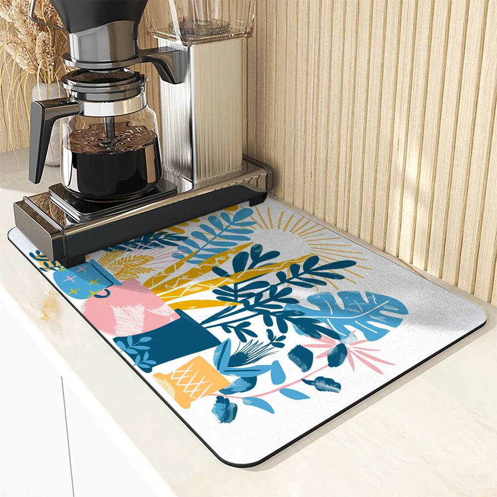 Absorbent Anti-slip Coffee Dish Mats Watercolor Sun Large Kitchen Absorbent Draining Mat Drying Mat Quick Dry Bathroom Drain Pad