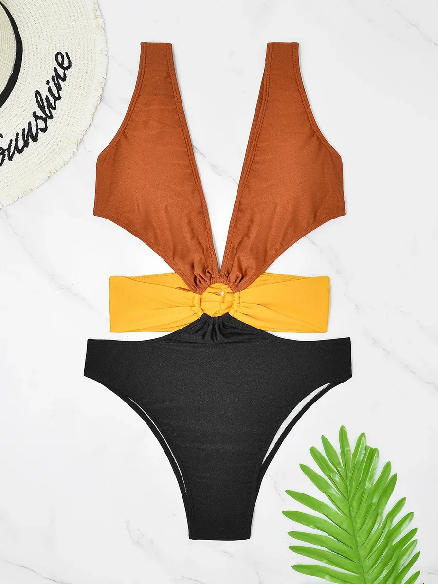 2024 الجوف خارج Monokini المرأة قطعة واحدة ملابس السباحة الصلبة حلقة ربط مثير ملابس السباحة الإناث بحر الاستحمام لباس سباحة