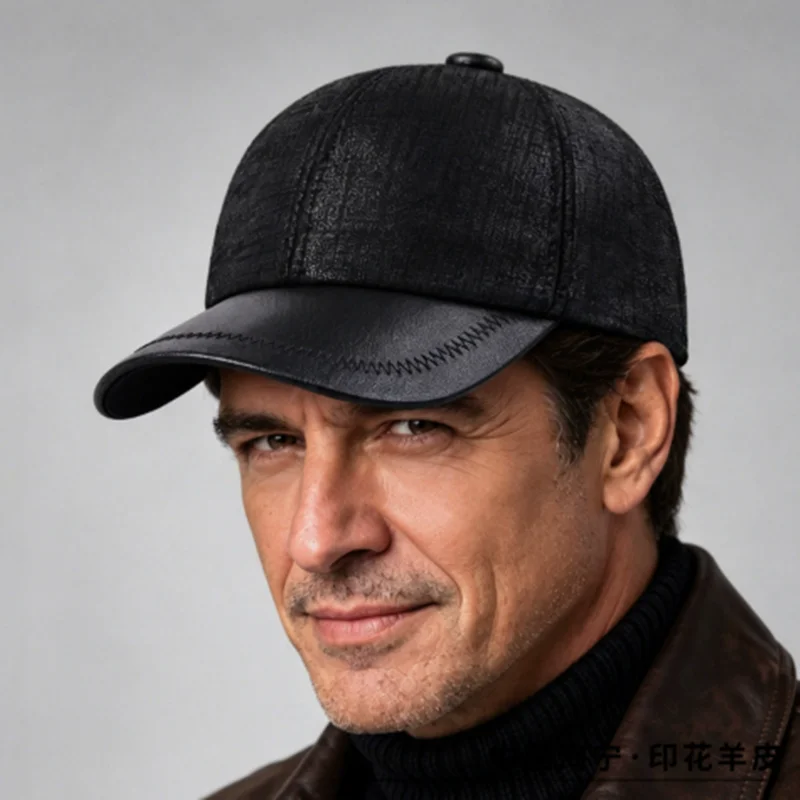New Autumn Winter Natural Frosted Genuine Leather Cap Baseball Caps Men's Cap Printed Sheepskin Leather Warm Party Hats 모자 кепка