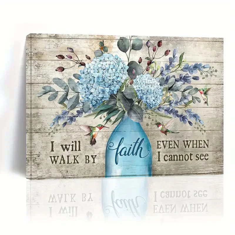 1pc No Framed Canvas Painting Landscape - Blue Hydrangea, Flower Vase, Hummingbird Landscape Canvas - Gift For Christian - I