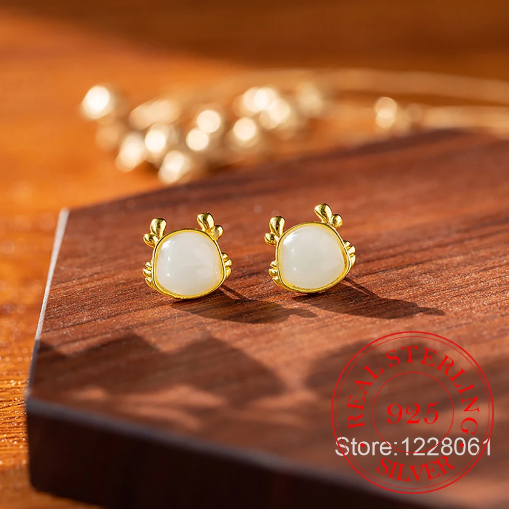 

925 Sterling Silver Jewelry 18K Gold Plated Cute Dragon Opal Stud Earrings for Women Wedding Party Jewelry for Girls Friend Gift