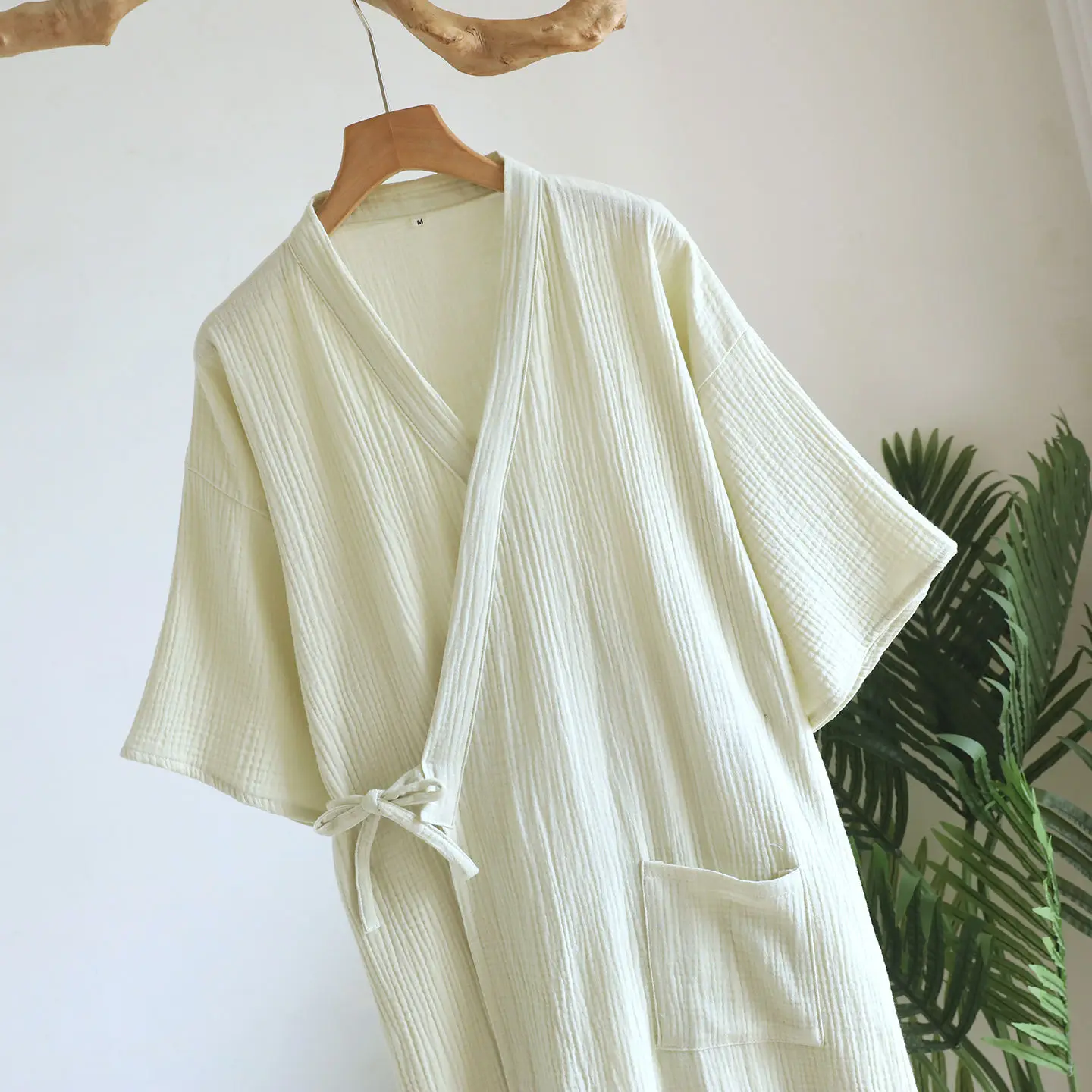 2026 Summer Women's New 100% Cotton Crepe Solid Color Drawstring Water Absorbing Short Sleeve Sleep Robe Thin Home Clothing