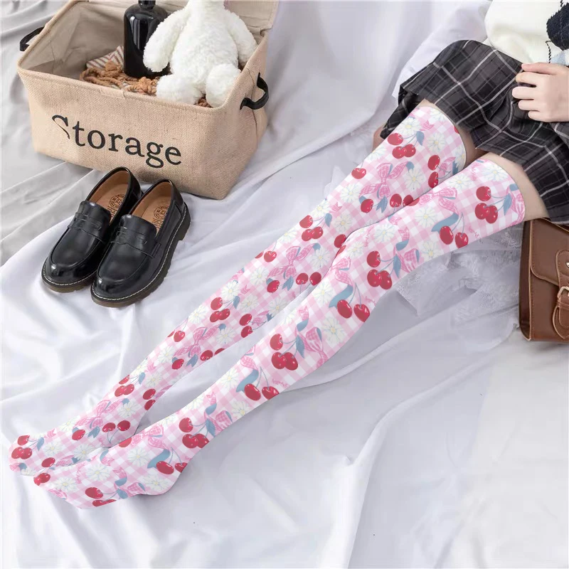 Fashion Strawberry Bow Print Women Stockings Sexy Striped Thigh Stretch Stockings Harajuku Kawaii Matching Gift Stockings