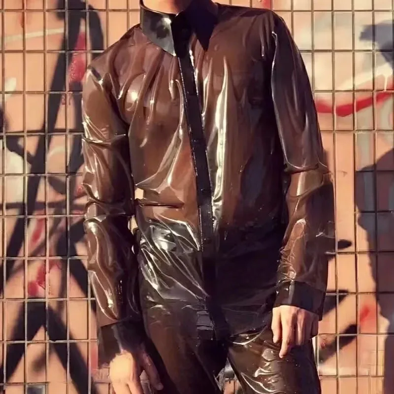 Men TPU Plastic Shirt Women Sexy Gloss Transparent Wateproof Long Sleeve Couple Erotic Tops Private Party Stage Performance
