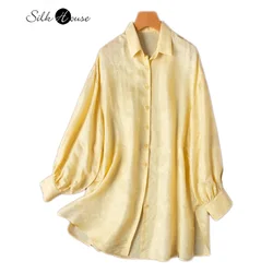 2024 Women's Summer Fashion New 50% Natural Mulberry Silk Weaving Brocade Lantern Sleeves Milk Yellow Jacquard Top